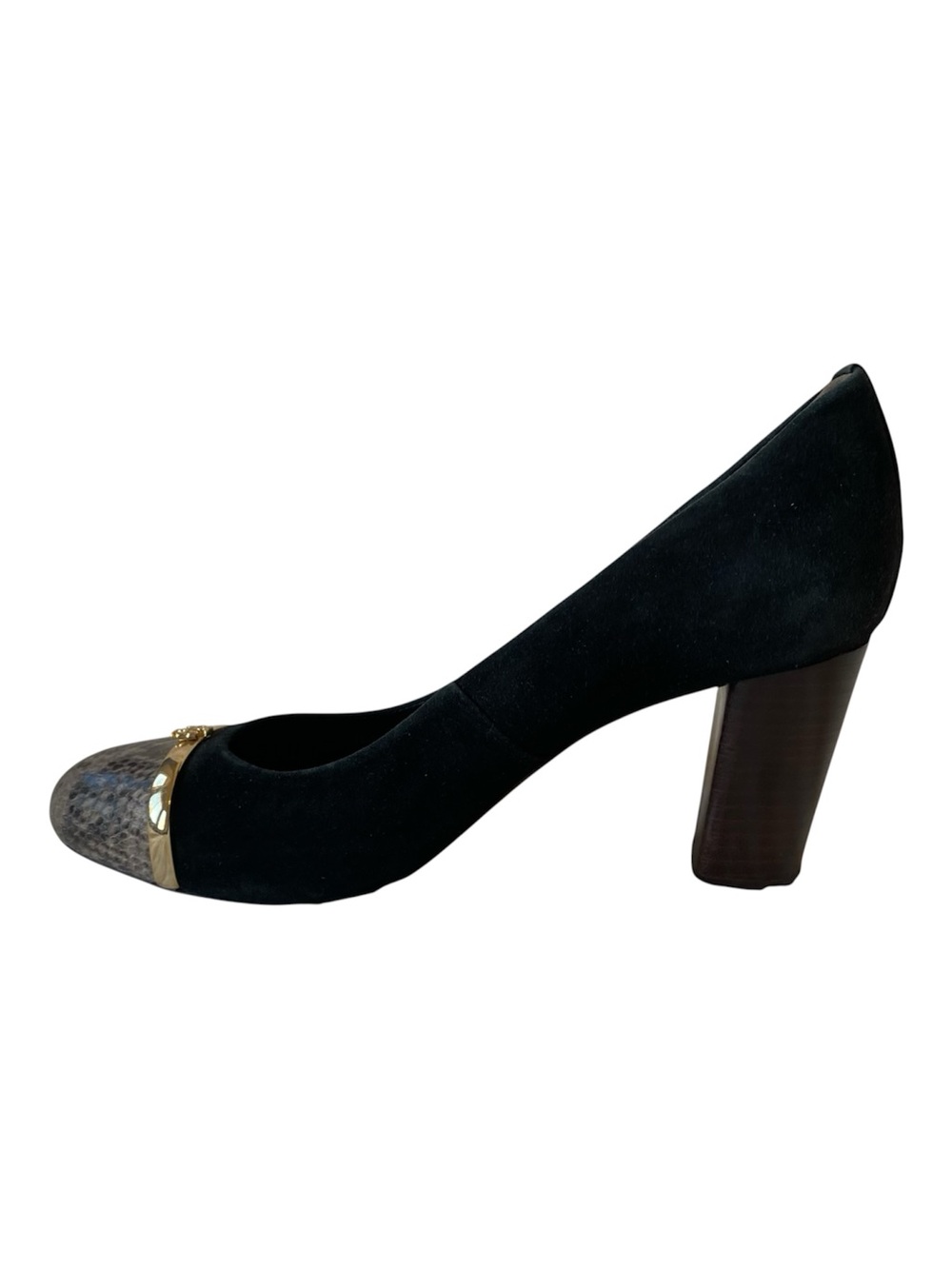 Tory Burch Pacey Black Suede Snake Cap Toe Block Heel Pumps Women’s 7 - Picture 6 of 12
